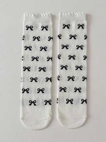 1 Pair Bowknot Design Socks, Soft & Comfortable Calf Socks, Fashionable Japanese/Korean Style, Suitable For All Seasons - White - View 2