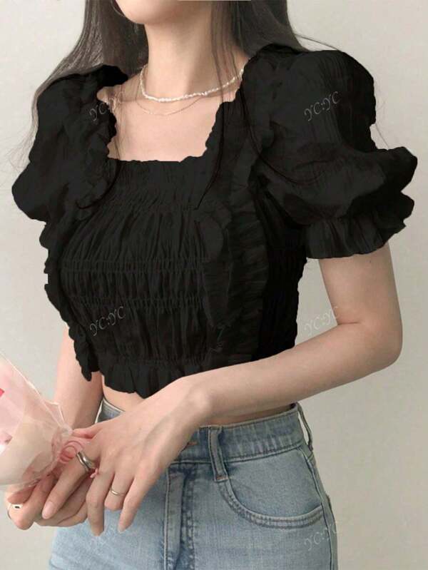 2025 Summer Girly Solid Color Casual Sweet Puff Sleeve Square Neck Blouse