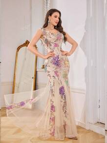 Vestido de fiesta con cuello en V sexy y elegante, cintura ajustada, bajo de cola de sirena con volantes de malla, con aplicaciones bordadas y con relleno en el busto. Vestido para invitada de boda, vestido formal, vestido de noche, vestido de gala