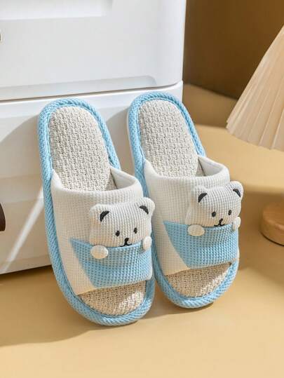 Women's Flat Cartoon Open-Toe Slippers, Indoor Anti-Slip Quiet Couple Slippers