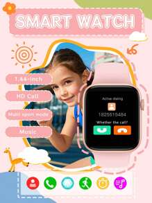Montre intelligente avec bracelet en silicone pour adolescents, écran tactile TFT HD de 1,44", prévisions météorologiques, suivi multisports, alarme, affichage de la date, lecteur de musique, rappel d'appel téléphonique, compatible avec Android et IOS, convient pour les cadeaux, l'école, le sport, la fête