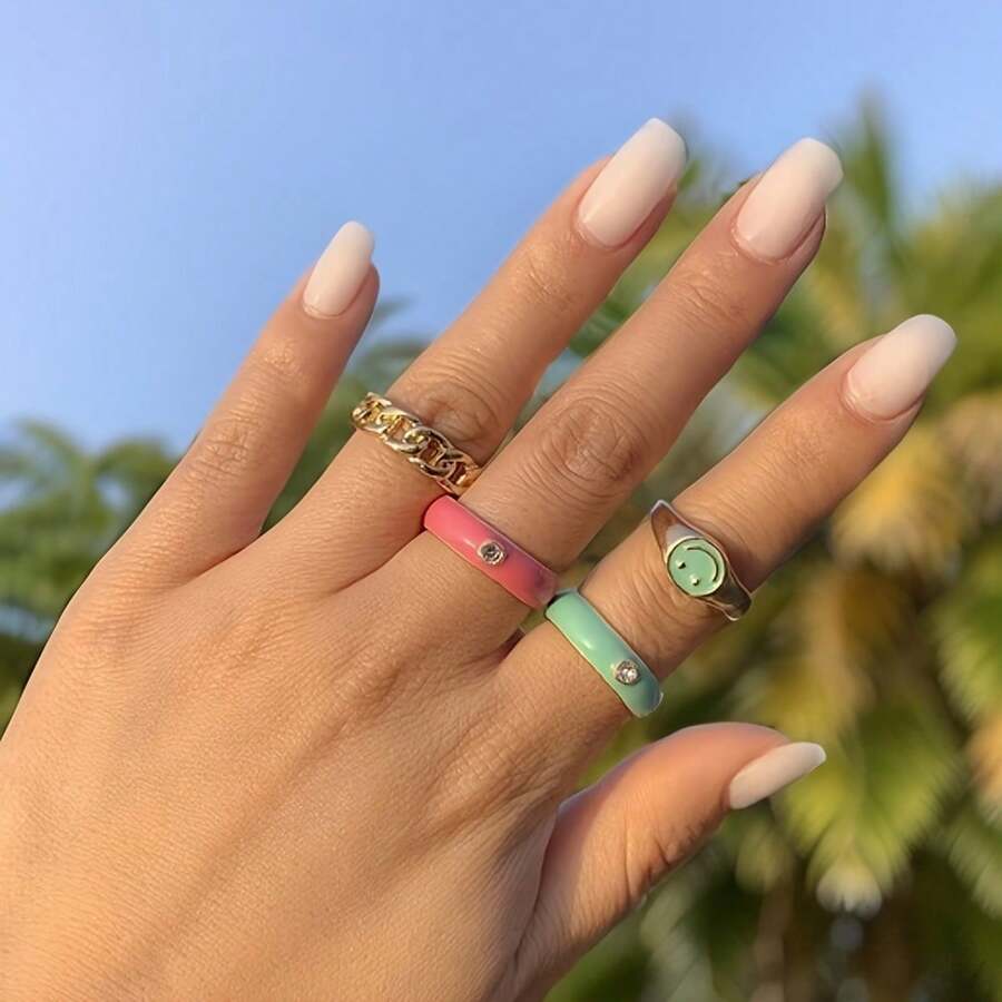 4 件时尚小众镂空水钻镶嵌彩色指节戒指套装，适合女士日常佩戴 - Golden - 查看 1