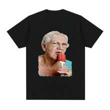 Creative Funny Grandma Licking Red Popsicle T-Shirt Cute Granny Ice Cream TShirt Casual 100% Cotton Oversized Tshirts Unisex Top - Black - View 1
