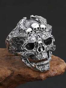 1pc Vintage Style S925 Sterling Silver Exaggerated Skull Ring, Adjustable Men's Open Ring - Antique Silver - View 6