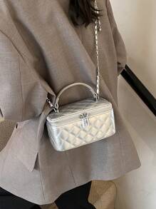 1 件时尚 PU 绗缝钻石刺绣盒状包，拉链小方形手提包带肩带，女士百搭单肩包 - 銀色 - 查看 10