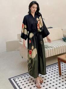Vintage Elegant Loose Floral Print Mid-Length Kimono Cover Up Outerwear, Summer Tie-Waist Robe Beachwear