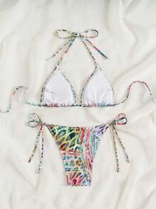 新款欧美性感女士泳衣套装，动物图案特殊面料比基尼配三角肩带 - 霧霾藍 - 查看 4