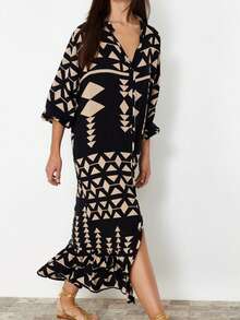 女士休闲几何印花长裙 - 黑色 - 查看 4