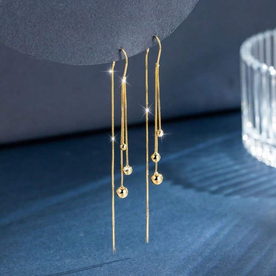 Gold Beaded Earrings With Long Tassel, Titanium Steel Non-Fading Jewelry Ear Accessories For Women - Three Beans - View 1