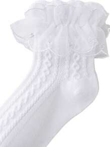 1 双女童纯棉纯色蕾丝边袜子，适合跳舞 - 白色 - 查看 4