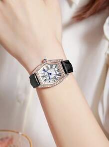 Duolz Quality Diamond Decorated Simple Pu Leather Belt Roman Numeral Women's Waterproof Watch