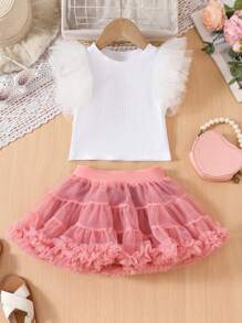 2pcs/Set Young Girl Casual Simple Style T-Shirt + Tutu Skirt Set