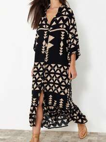 女士休闲几何印花长裙 - 黑色 - 查看 1