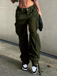 Y2K Style High Waist Wide Leg Workwear Jeans With Stretch And Flap Pockets - Women's Retro Streetwear - 軍綠色 - 查看 1