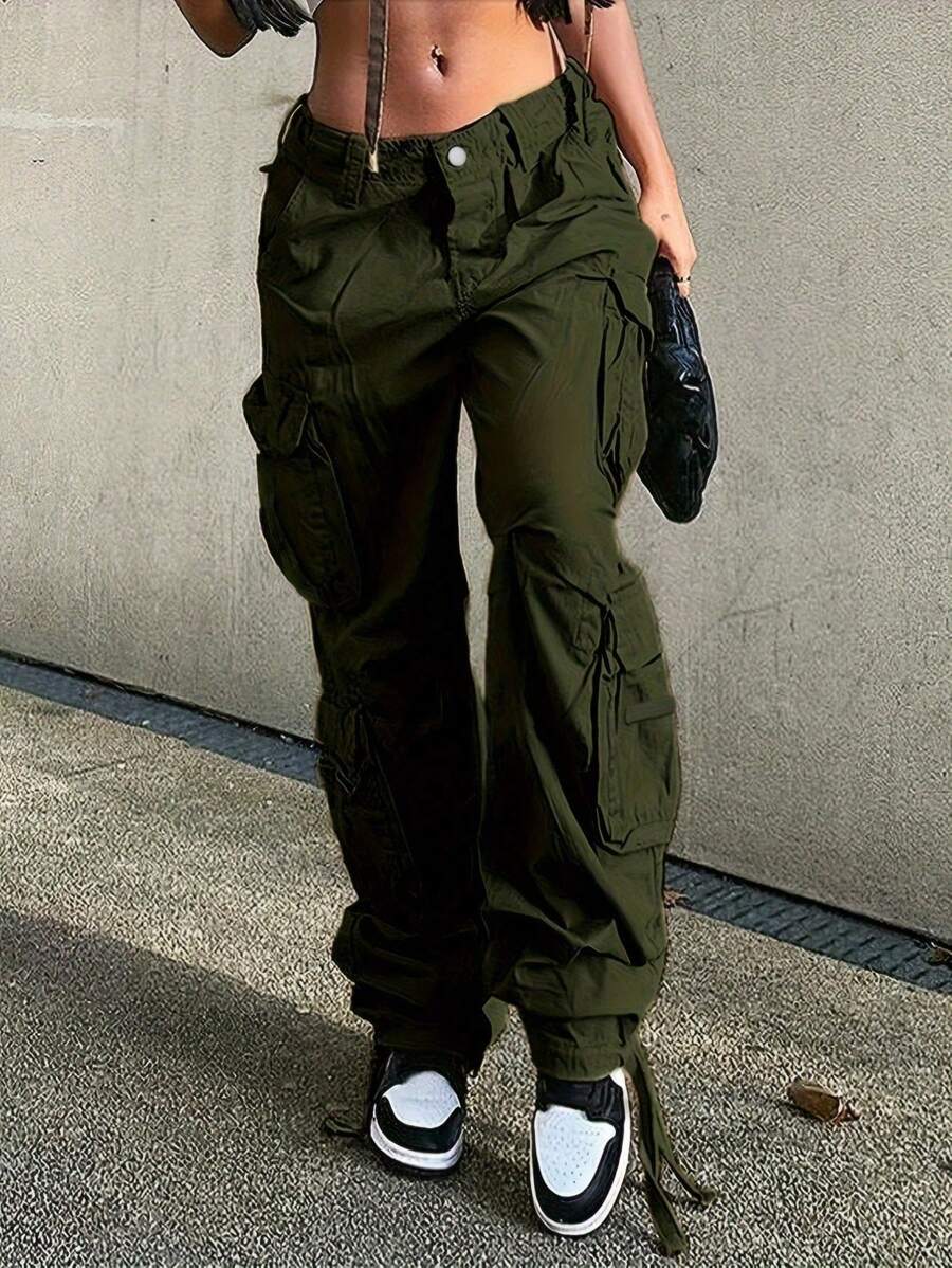 Y2K Style High Waist Wide Leg Workwear Jeans With Stretch And Flap Pockets - Women's Retro Streetwear - 軍綠色 - 查看 1