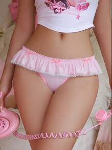 Sexy Pink Romantic Cute Ruffle Hem Women's Bra & Panty Set, T-String Underwear Suitable For Valentine's Day - Pink - View 2