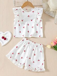 Set 2 bucăți pentru fetiță, vară, alb, cireș, imprimeu, set de tricou și pantaloni scurți fără mâneci, costum pentru călătorii de vacanță primăvara și vara