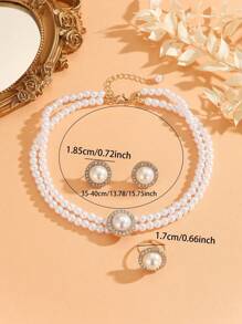 4pcs/Set Retro Elegant Faux Pearl Necklace, Earrings, Ring Set, Women Fashion Double Layer Choker, Jewelry
