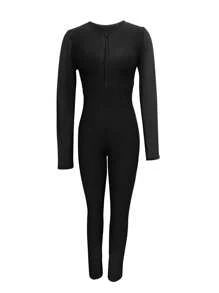 休闲经典圆领后交叉前拉链长袖连体裤紧身衣春夏新款露背女式连体裤