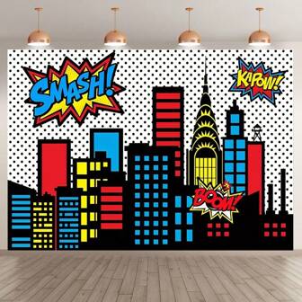1pc,Superhero Cityscape Photography Backdrop,Architecture City Boom Party Photo Decoration Background,Birthday Banner Decoration,Photo Booth Studio Props,Birthday Cake Table Supplies,Theme Style Decoration Supplies