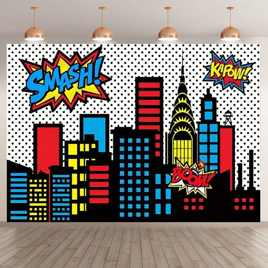 1pc,Superhero Cityscape Photography Backdrop,Architecture City Boom Party Photo Decoration Background,Birthday Banner Decoration,Photo Booth Studio Props,Birthday Cake Table Supplies,Theme Style Decoration Supplies - Multicolor - View 1