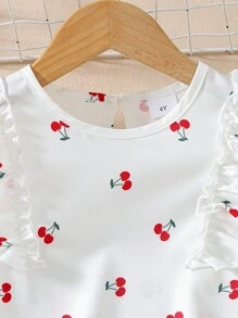 Set 2 bucăți pentru fetiță, vară, alb, cireș, imprimeu, set de tricou și pantaloni scurți fără mâneci, costum pentru călătorii de vacanță primăvara și vara
