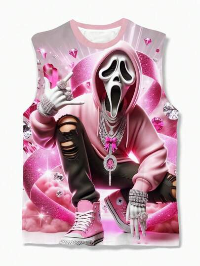 Men Casual Skull Print Tank Top, Suitable For Vacation, Street Wear