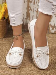 Mocasines planos de mujer con lazo decorativo, de un solo color, informales, ligeros, cómodos y de moda