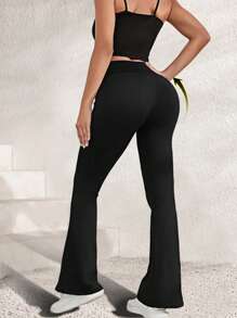 Yoga Legging Flare Pants With Letter High Waisted Hip Lifting Seamless Shape Wears Running Cycling Wide Leg Yoga High Stretchy Stretch Breathable Quick Drying Cooling Comfort Soft Basics Women Active Bottoms Solid Sports Trousers Workout Athletic Exercise Casual Outdoor Color Black