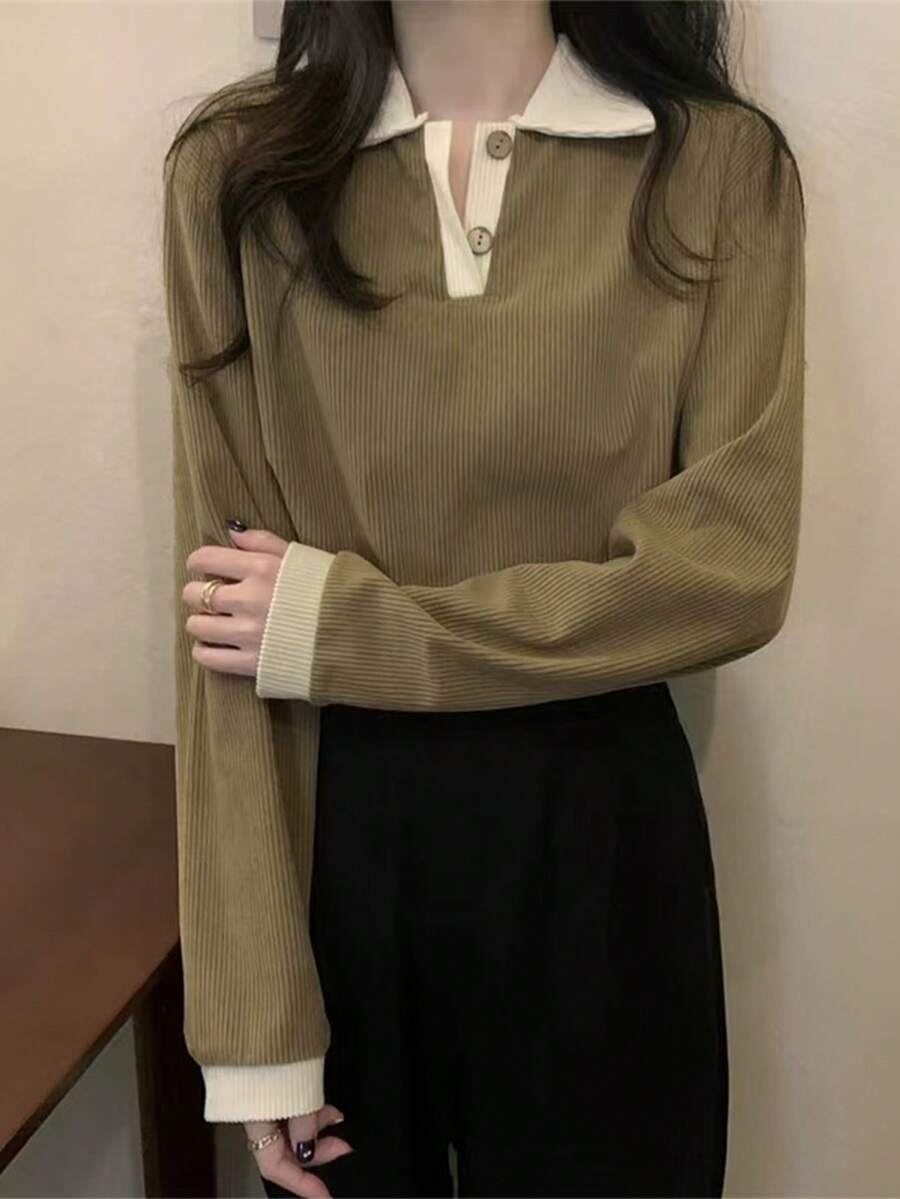 Women's Solid Color Patchwork Button Front Short Sleeve Simple Casual Top, Daily Wear - Coffee Brown - View 1