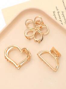 3 件/套小镂空花朵金属质感心形合金发夹，适合日常休闲、工作、学校，简约百搭的发饰，优雅休闲佩戴，适合所有季节 - 金色 - 查看 4