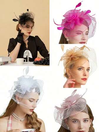 1pc Solid Color Fascinator Hat For Women, Tea Party Hat, 20s 50s Cocktail Headband With Feather Veil, Suitable For Weddings Churches Halloween