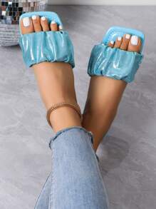 女士平底拖鞋，2025 年新款夏季鞋，法式沙滩凉鞋 - 天藍色 - 查看 5