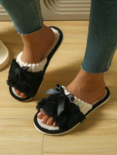Women's Rabbit Fur Bow Slip-On Slippers, Comfortable Open Toe Solid Color Plush Indoor Bedroom Flat Slippers