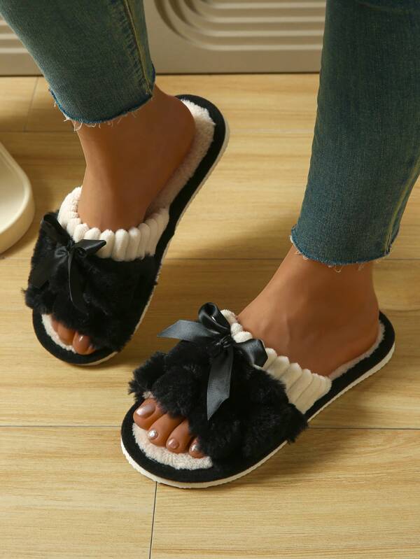 Women's Rabbit Fur Bow Slip-On Slippers, Comfortable Open Toe Solid Color Plush Indoor Bedroom Flat Slippers