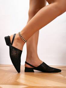 2025年秋季女士尖头网眼透气平底穆勒拖鞋，春夏 - 黑色 - 查看 2