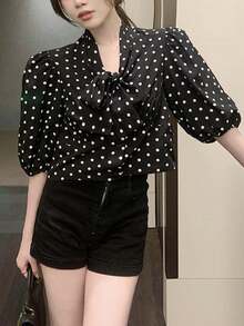 短款休闲波点图案领带衬衫，春夏 - 黑色 - 查看 3