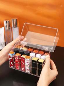 1 pieza Soporte con tapa para 18 lápices labiales, organizador de almacenamiento rectangular y redondo a prueba de polvo para lápices labiales, brillo de labios, pinceles, organizador de maquillaje con múltiples compartimentos y gradiente, expositor acrílico para esmalte de uñas con tapa transparente