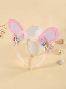 1pc Rabbit Ears Headband With Small Pink And White Flowers, Nature Style