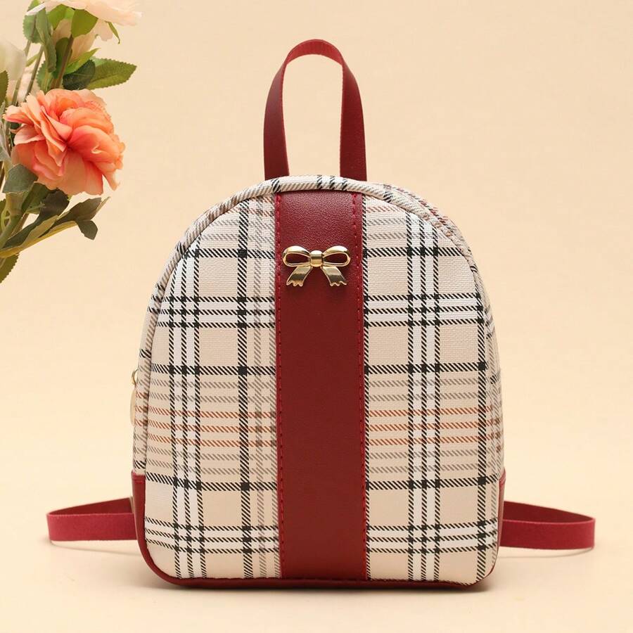 Kleiner Rucksack für Damen im Karomuster Kontrastfarben, lässig-schicker Rucksack mit Schleife - Bordeaux - Übersicht 1