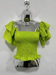 Cropped Lastex Women's  Long Sleeve Women's Cropped Blouse Various Colors Strapless - 青檸色 - 查看 1