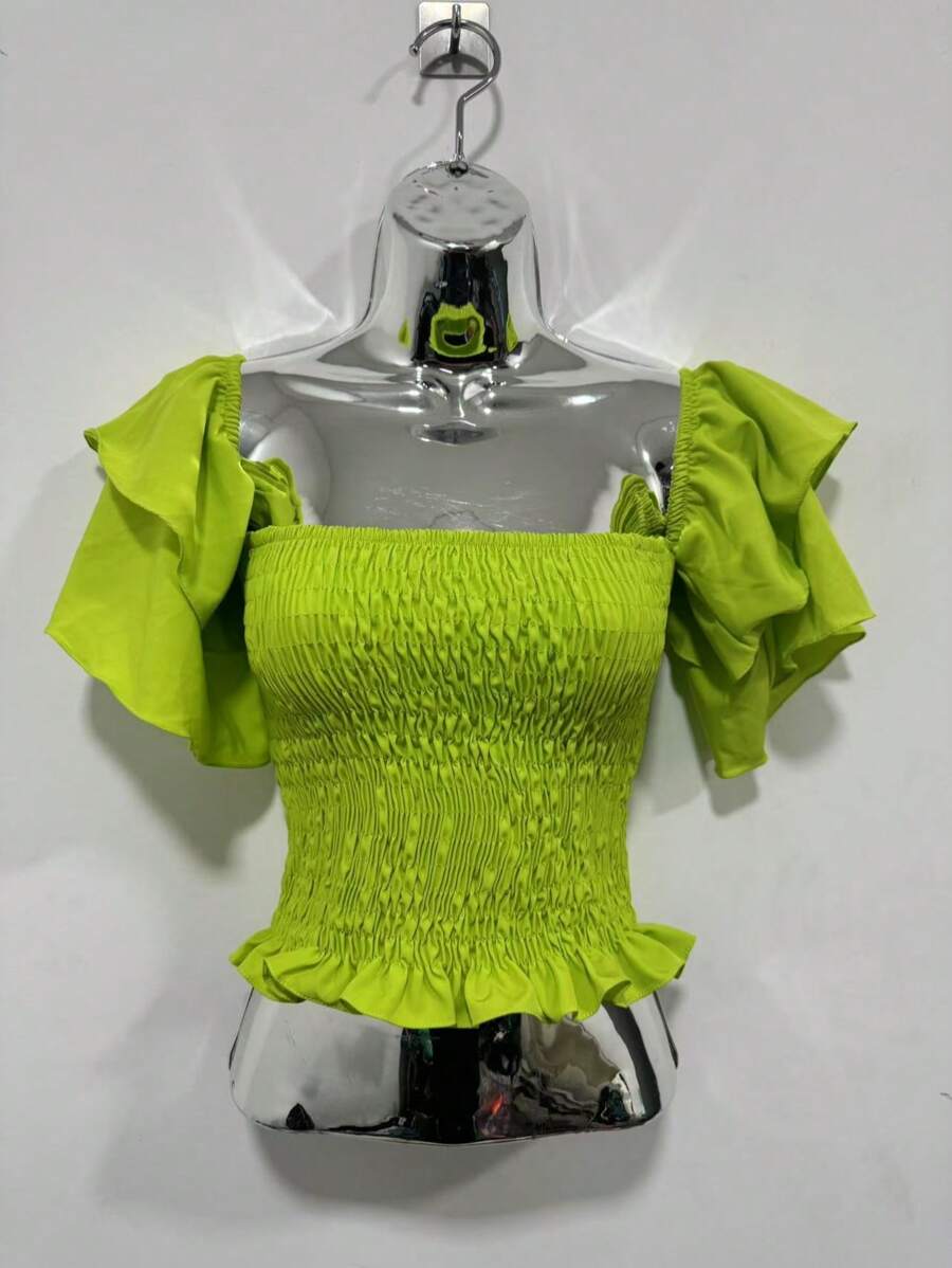 Cropped Lastex Women's  Long Sleeve Women's Cropped Blouse Various Colors Strapless - 青檸色 - 查看 1