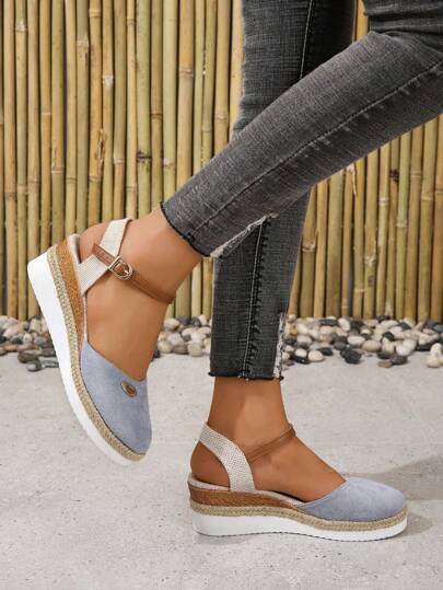 Sandali da donna con plateau colorblock, stile espadrillas, ciabatte, con suola intrecciata leggera, di taglia grande
