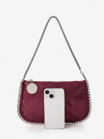 Bolso baguette reversible de mano/hombro con asa de cadena hecha a mano de color metálico de múltiples propósitos