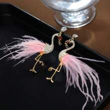 1 par de pendientes de flamingo artificial con cuentas, decoración de rhinestone, moda personalizada para fiesta de mujer