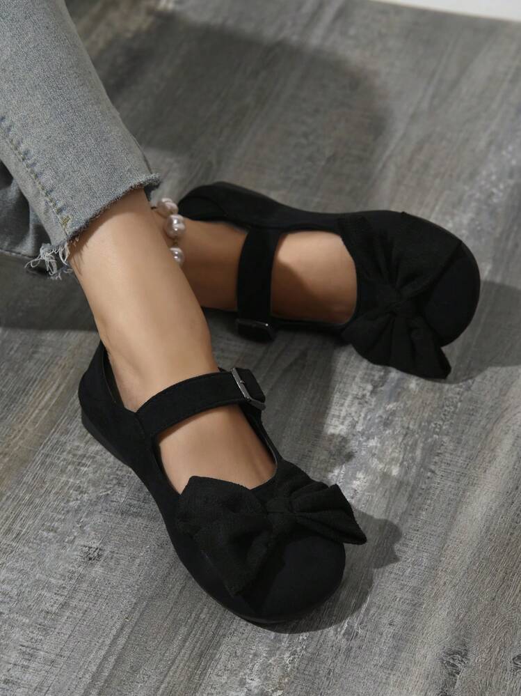 Bow Decor Beijing Cloth Shoes, Women's Mother Shoes New Style, Genuine Black Metal Buckle Ballet Flats, Soft & Comfy For Work Or Shopping - Black - View 3