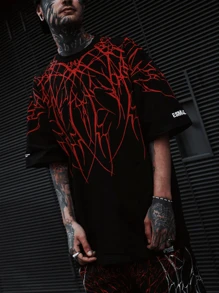 男士线条印花圆领短袖 T 恤，休闲夏季 T 恤 - 彩色 - 查看 4