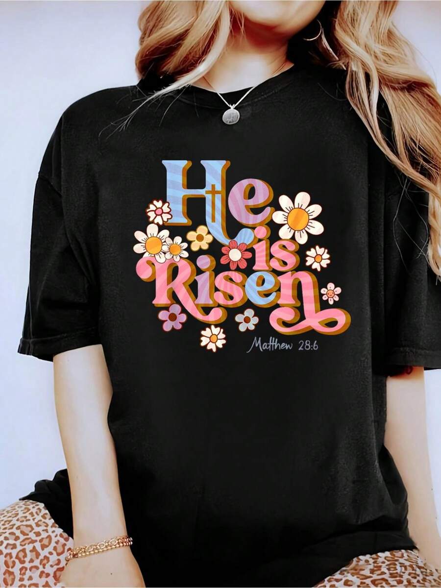 Camiseta retro de Pascua "Él ha resucitado" para niños y niñas pequeñas - 100% algodón de manga corta, casual, transpirable, cómoda, esencia del verano y la primavera - Camiseta gráfica impresa para amantes de las camisetas - Negro - Ver 1