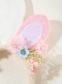1pc Rabbit Ears Headband With Small Pink And White Flowers, Nature Style