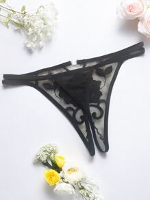 AB. 性感内衣套装，钻石珠宝灵感花卉刺绣蕾丝丁字裤，透明无裆设计，时尚贴身服饰 - 黑色 - 查看 4